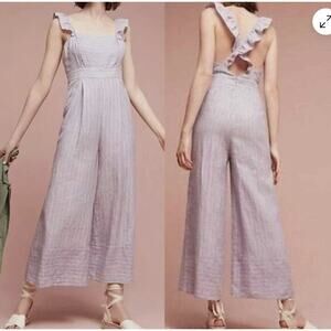 Anthropologie Elevenses Nantucket Linen Wide Leg Jumpsuit Lavender Size 8